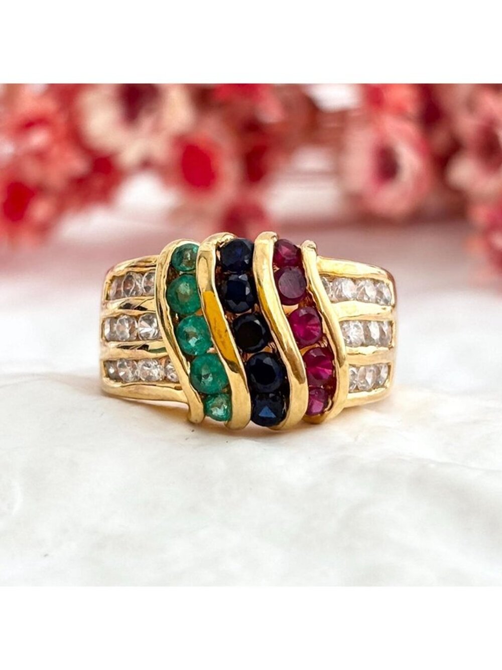 Multi Gemstone Wavy 14k Gold Plated Sterling Silver 925 Vintage Ring - sz 5.75